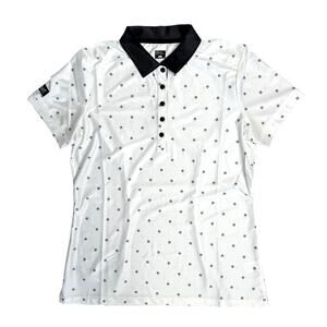 White Black Polka Dots Golf Polo Shirt ‘Onset Financial’ Logo Women’s